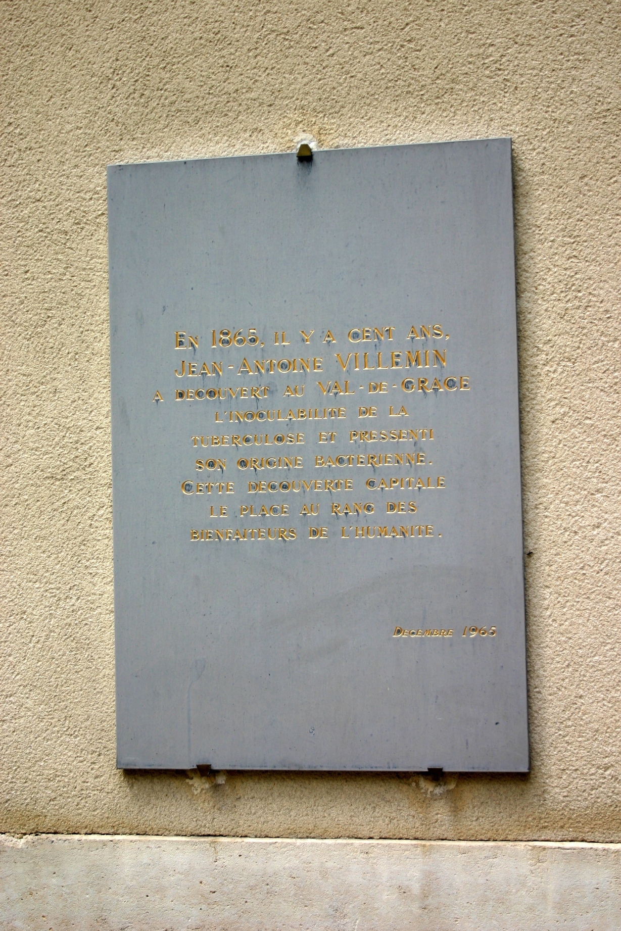 Jean Antoine Villemin's memorial tablet, Val-de-Grâce, Paris (2).JPG
